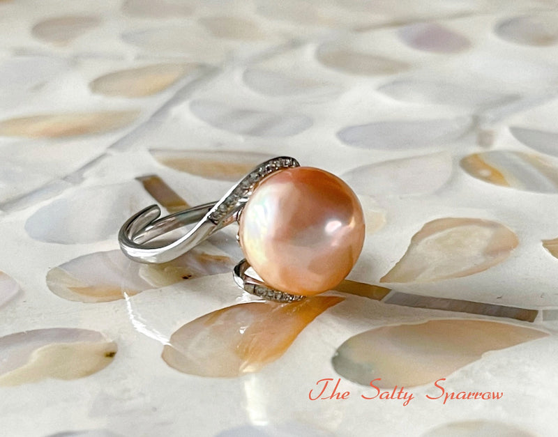 Large Blush Pearl Sterling Silver Ring