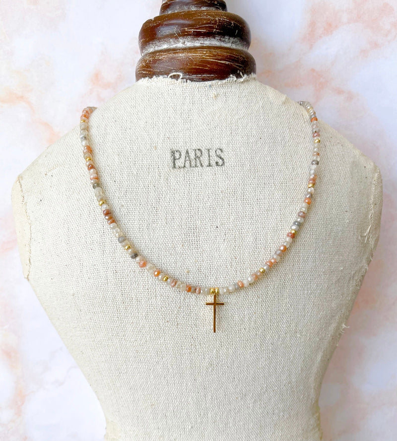 Peach Moonstones & Dainty Cross Necklace