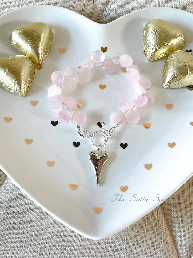 Rose Quartz Dangles with Silver Hammered Heart Bracelet