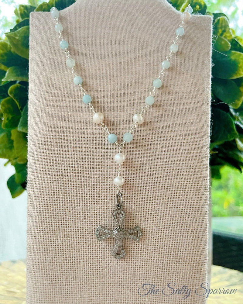 Aquamarine & pearl necklace with pave diamond cross