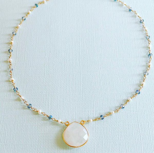 London blue quartz/ pearl/ moonstone necklace