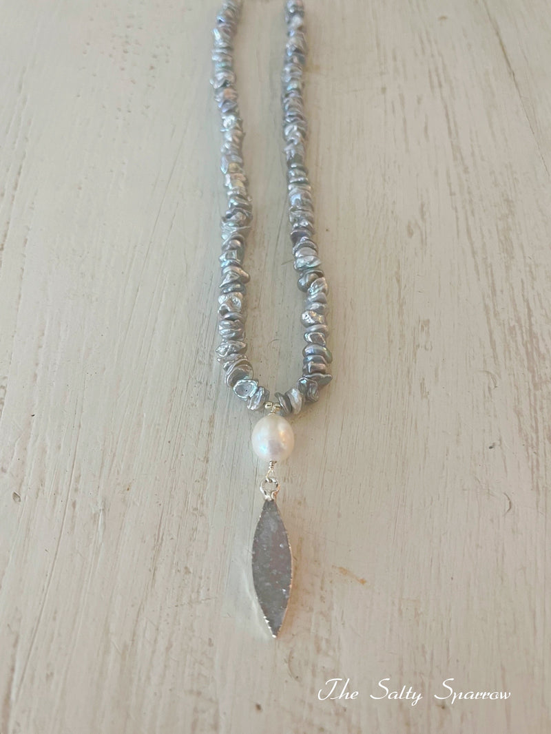Silver Keishi Pearls with Neutral Druzy Pendant